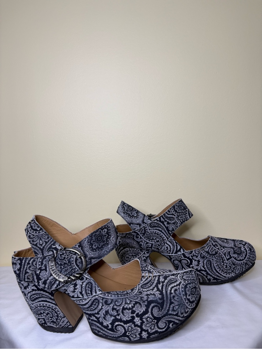 John Fluevog Black Paisley Mary Jane Platform Heels with Buckle Size 8